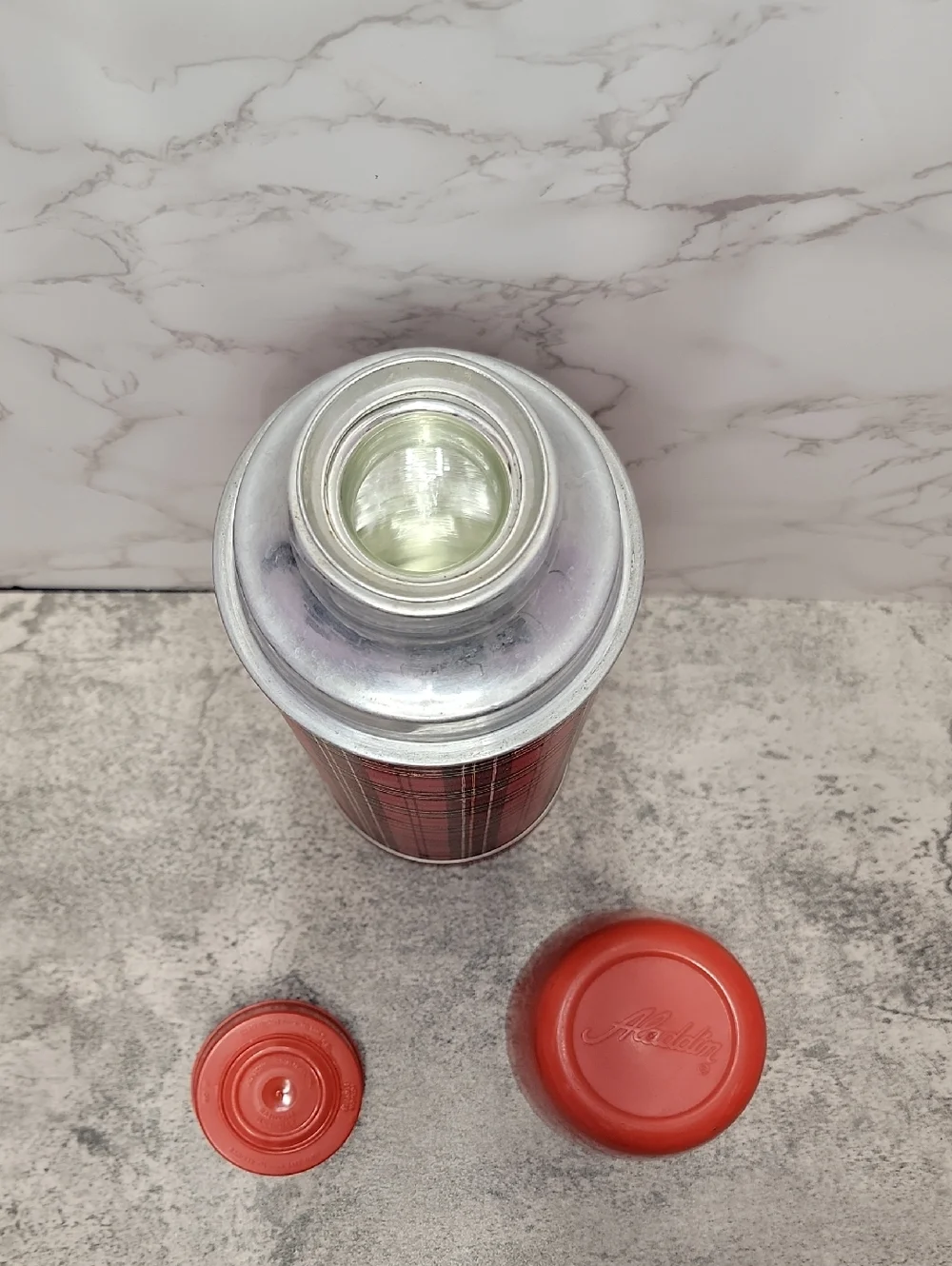 Vintage Aladdin's Red Plaid Thermos Classic Full Size Retro Bottle